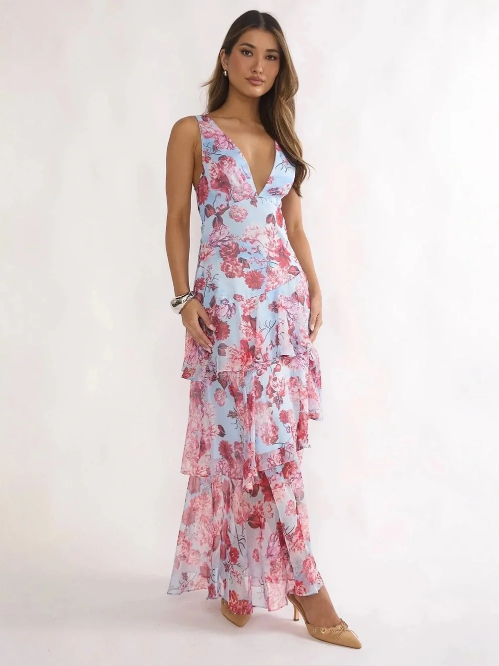Sleeveless Floral V-Neck Maxi Dress in Light Blue and Pink